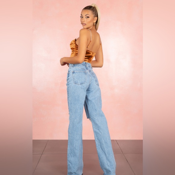 RUST ORANGE SATIN SLEEVELESS RHINESTONE SPAGHETTI STRAP DRAPE CROP TOP BLOUSE - Picture 7 of 7